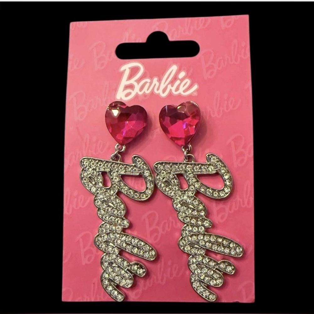 Barbie x Claire’s Pink Heart Rhinestone Logo Dangle Earrings NWT